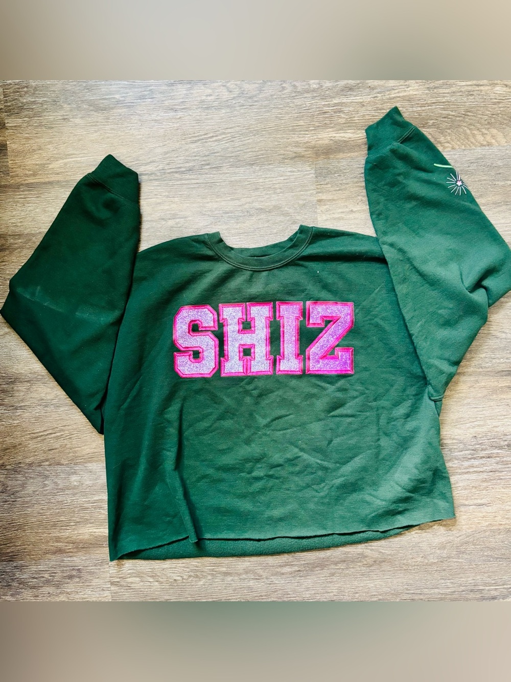 Green Crewneck Sweatshirt with Pink SHIZ Applique